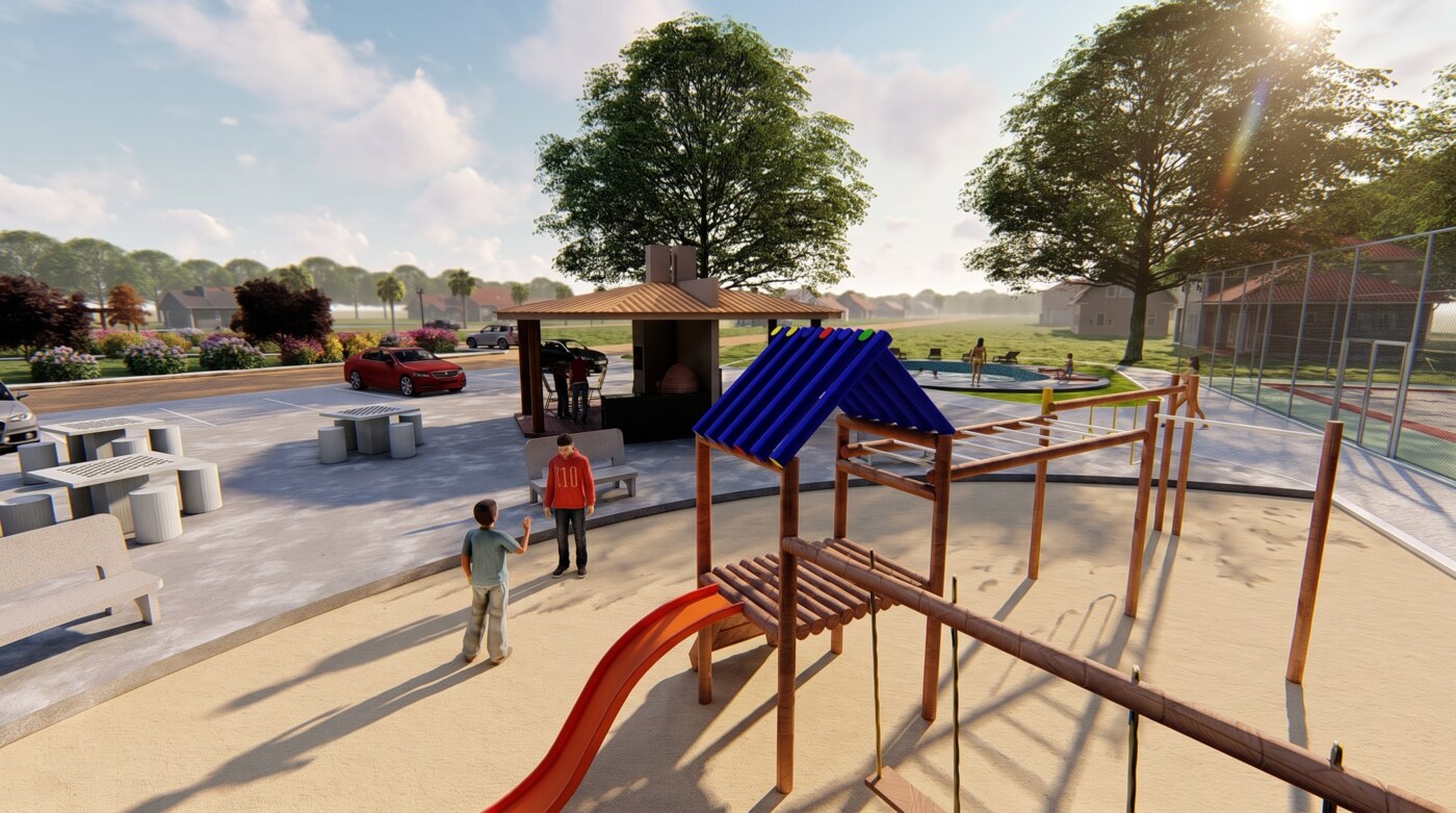 Playground de madeira com escorregador e trepa-trepa