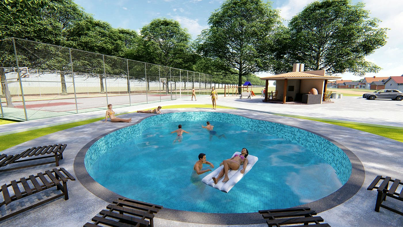 Piscina da área comum, com deck e quiosque ao fundo
