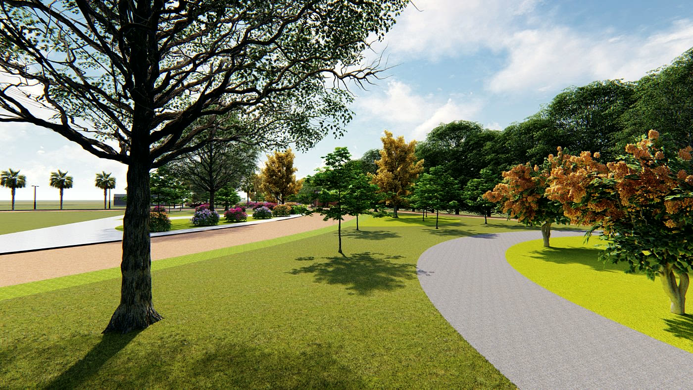 Alameda interna arborizada com calçada larga